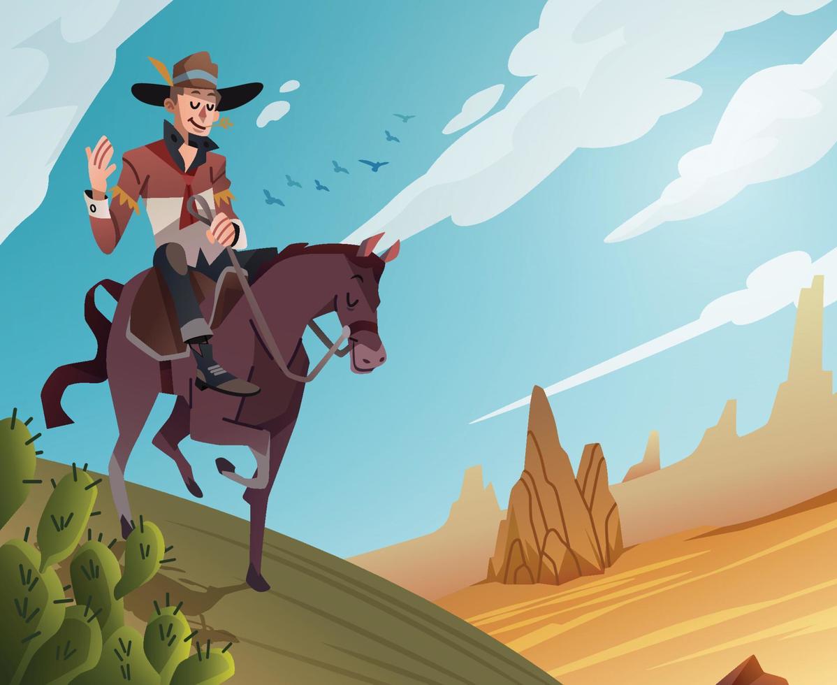 A Cowboy Riding A Horse on The Western Valley vector