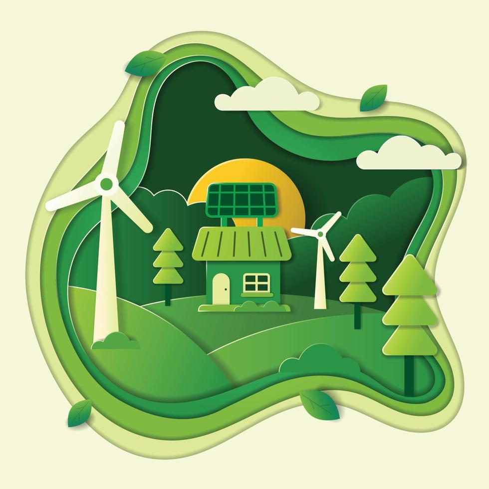 Eco House Scenary in Papercut Style vector