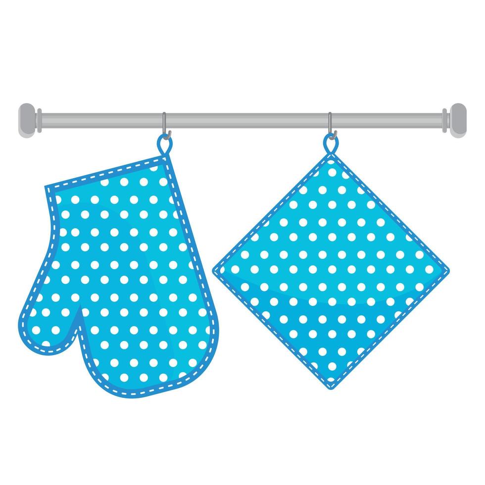 Oven mitt and oven mitt hanging on the rack on hooks, color isolated vector illustration in the flat style