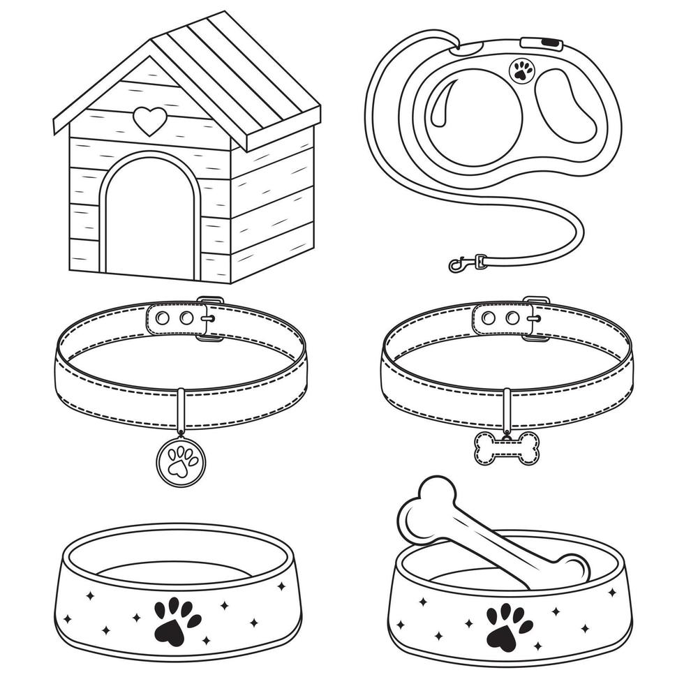 set of booth, bowl, collar and leash for dog and cat, isolated vector illustration contour doodle