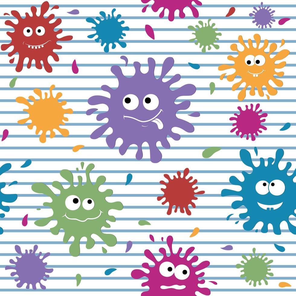 Pattern cute characters colorful blots with faces of different emotions on a striped background, texture vector