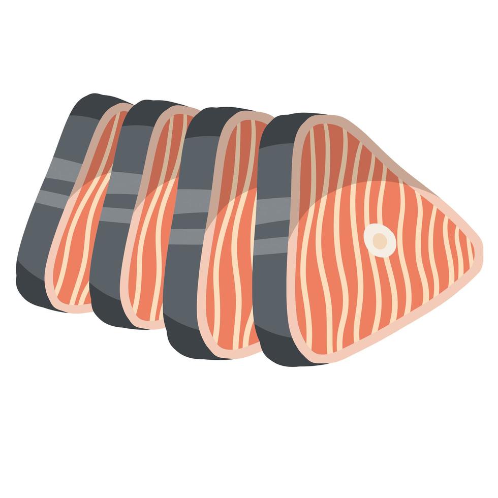 Piece of red salmon fish meat with pink stripe. The cut off part. vector