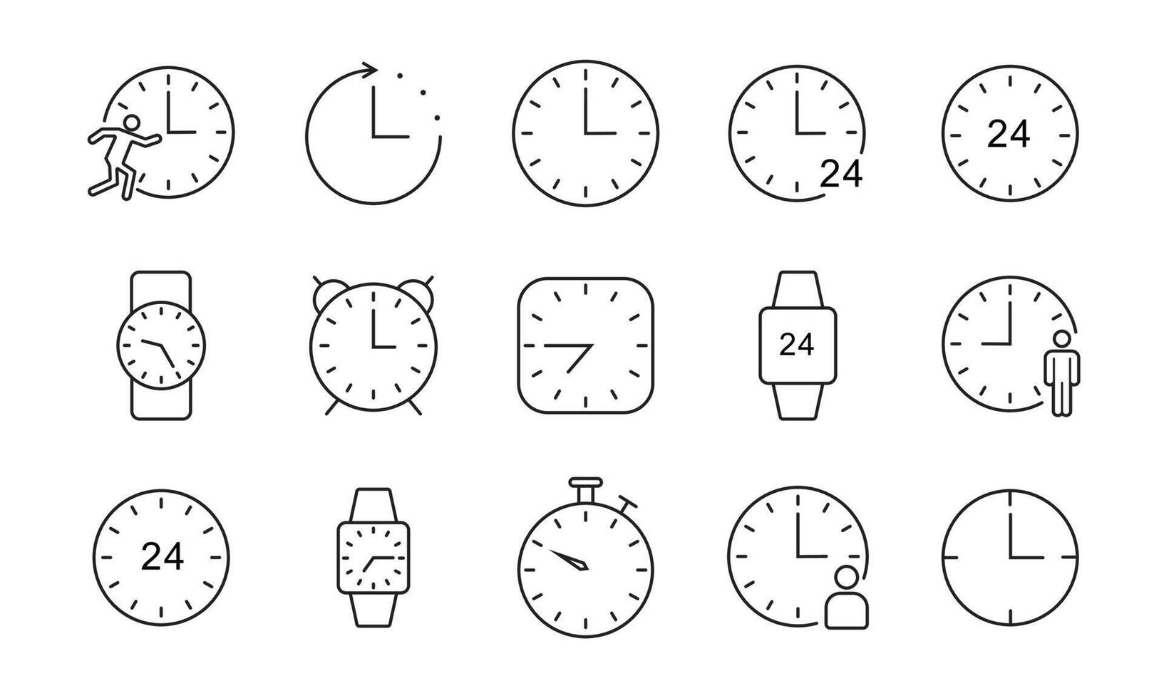 conjunto de tiempo y reloj en el diseño de iconos de línea delgada. colección de icono de vector con estilo minimalista.