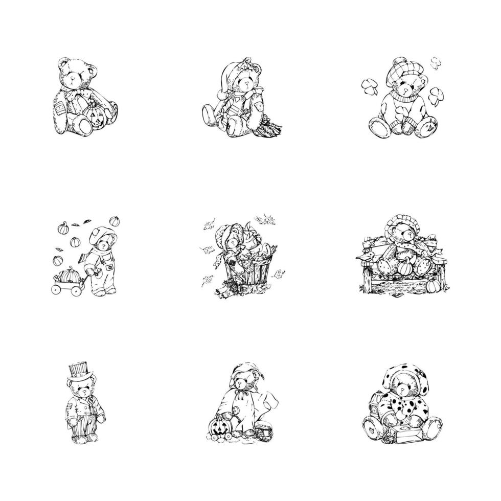 conjunto de caracteres de dibujo vectorial de oso de peluche vector