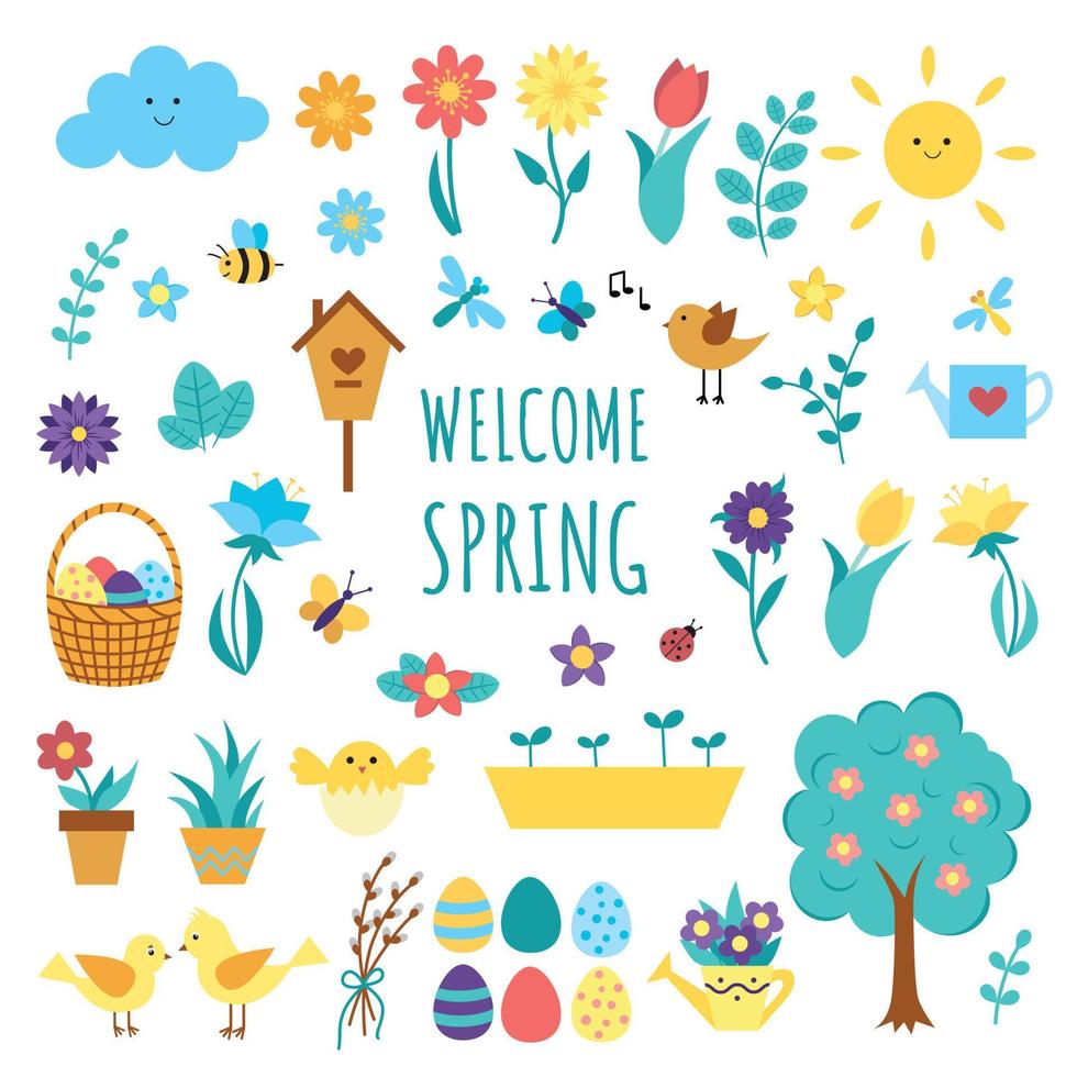 Big set of spring elements with flowers, birds. vector