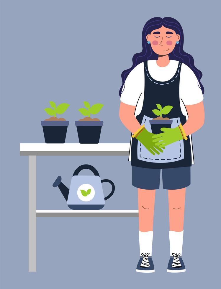 una mujer planta plántulas de pie en una mesa una mujer agricultora jardinera haciendo trabajo y afición agrícola ilustración vectorial aislada vector