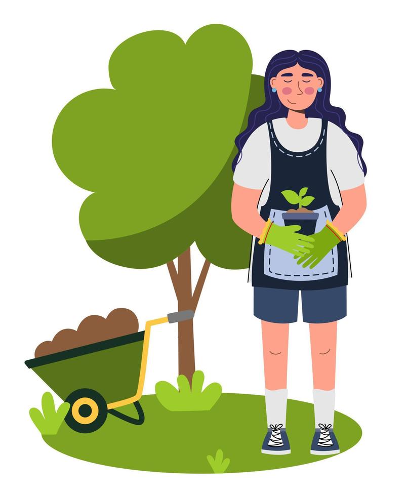 People enjoy gardening and planting plants A woman farmer gardener doing work and agricultural hobby Vector illustration isolated