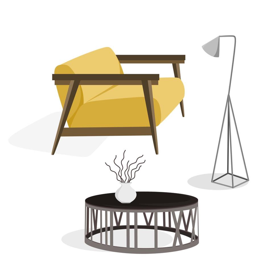 Modern interior furniture set armchair, lamp, coffee table Vector illustration in flat style isolated