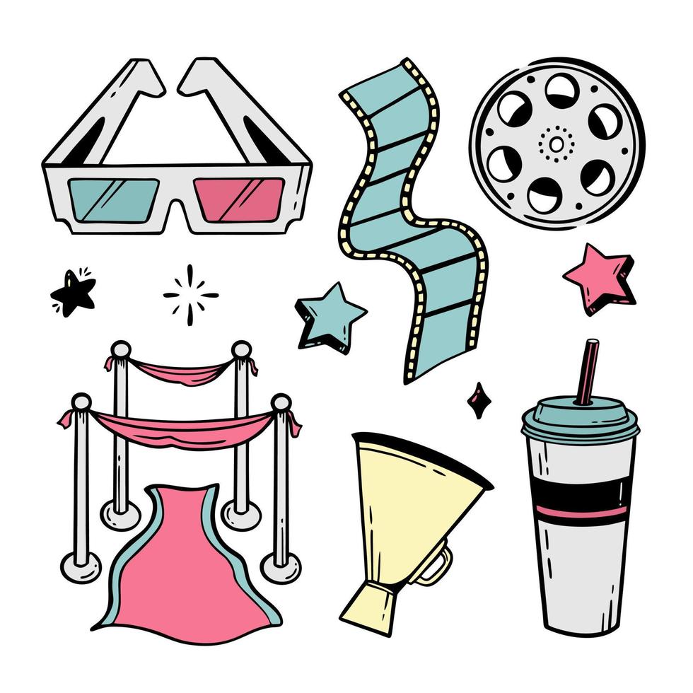 conjunto de elementos de cine línea de garabato para festivales y vacaciones ilustración vectorial en el estilo de garabato aislado en un fondo blanco vector