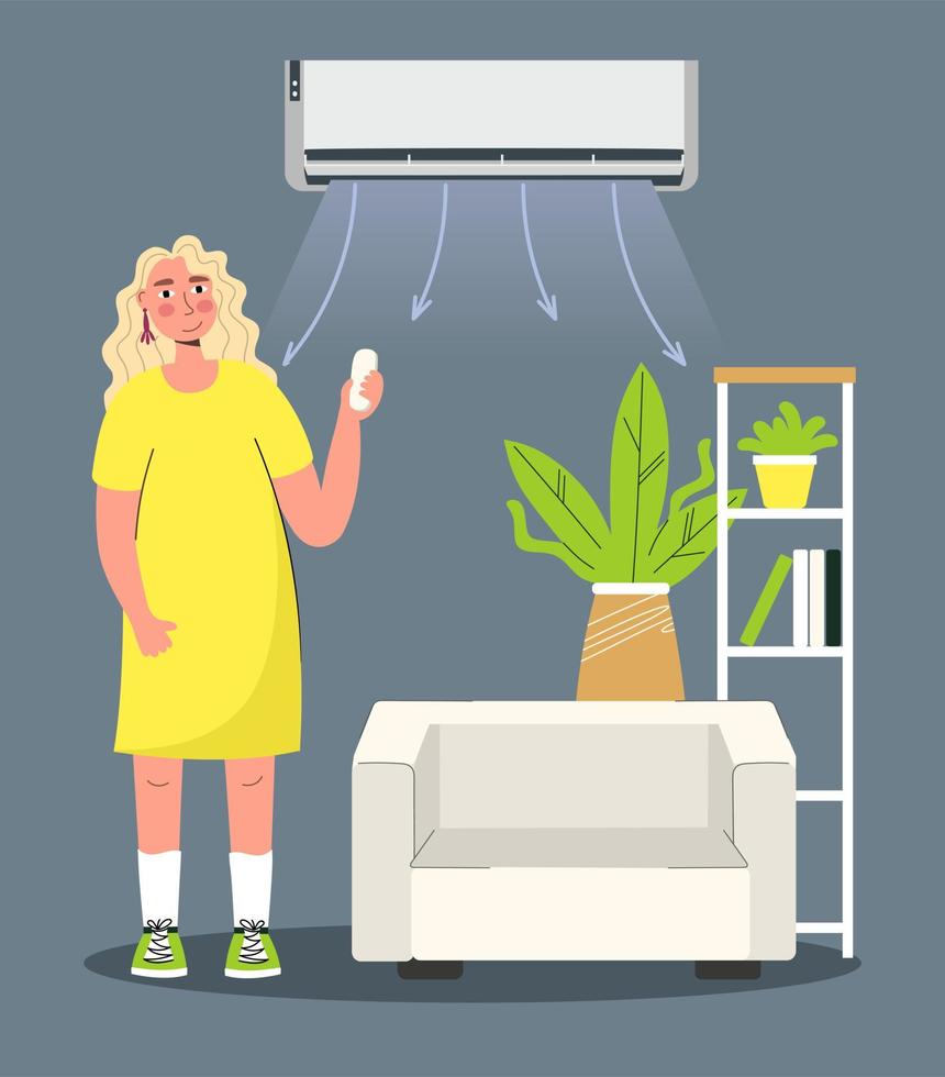 Girl under the air conditioner enjoys the coolness of heating ventilation and air conditioning Vector illustration isolated