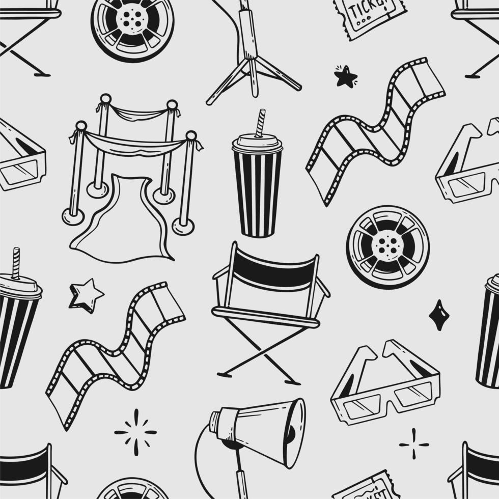 Doodle seamless pattern cinema flapping board film popcorn 3d glasses loudspeaker Vector illustration in the style of doodle isolated on a gray background