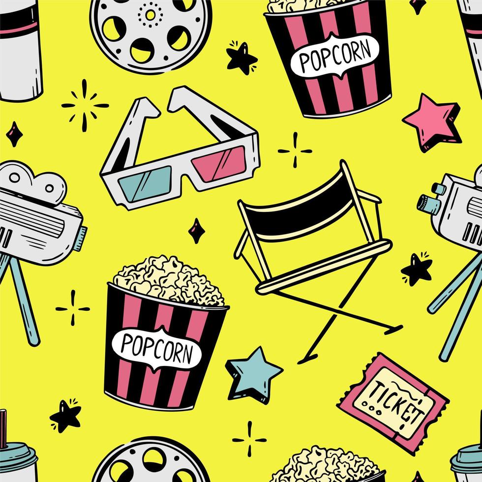 Doodle seamless pattern cinema flapping board film popcorn 3d glasses loudspeaker Vector illustration in doodle style isolated on yellow background