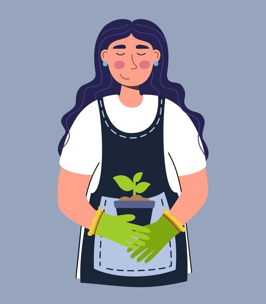A woman admires a plant a young plant A woman farmer gardener doing work and agricultural hobby Vector illustration isolated