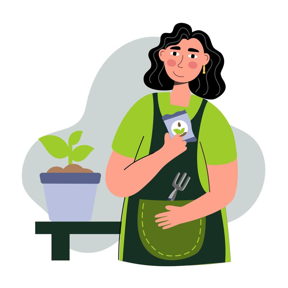 una mujer planta plántulas de pie en una mesa una mujer agricultora jardinera haciendo trabajo y afición agrícola ilustración vectorial aislada vector