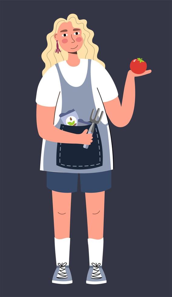 A woman admires the harvest of tomatoes A woman farmer gardener doing work and agricultural hobby Vector illustration isolated
