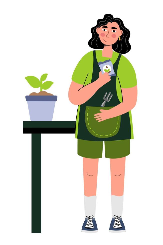 A woman plants seedlings standing at a table A woman farmer gardener doing work and agricultural hobby Vector illustration isolated