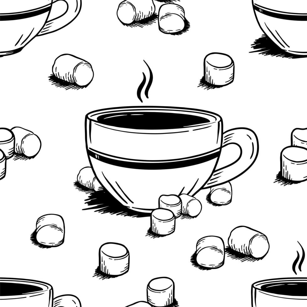 Pattern with coffee mugs and marshmallows in doodle style on a white background Vector illustration