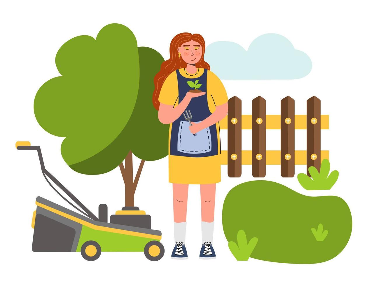 People enjoy gardening and planting plants A woman farmer gardener doing work and agricultural hobby Vector illustration isolated