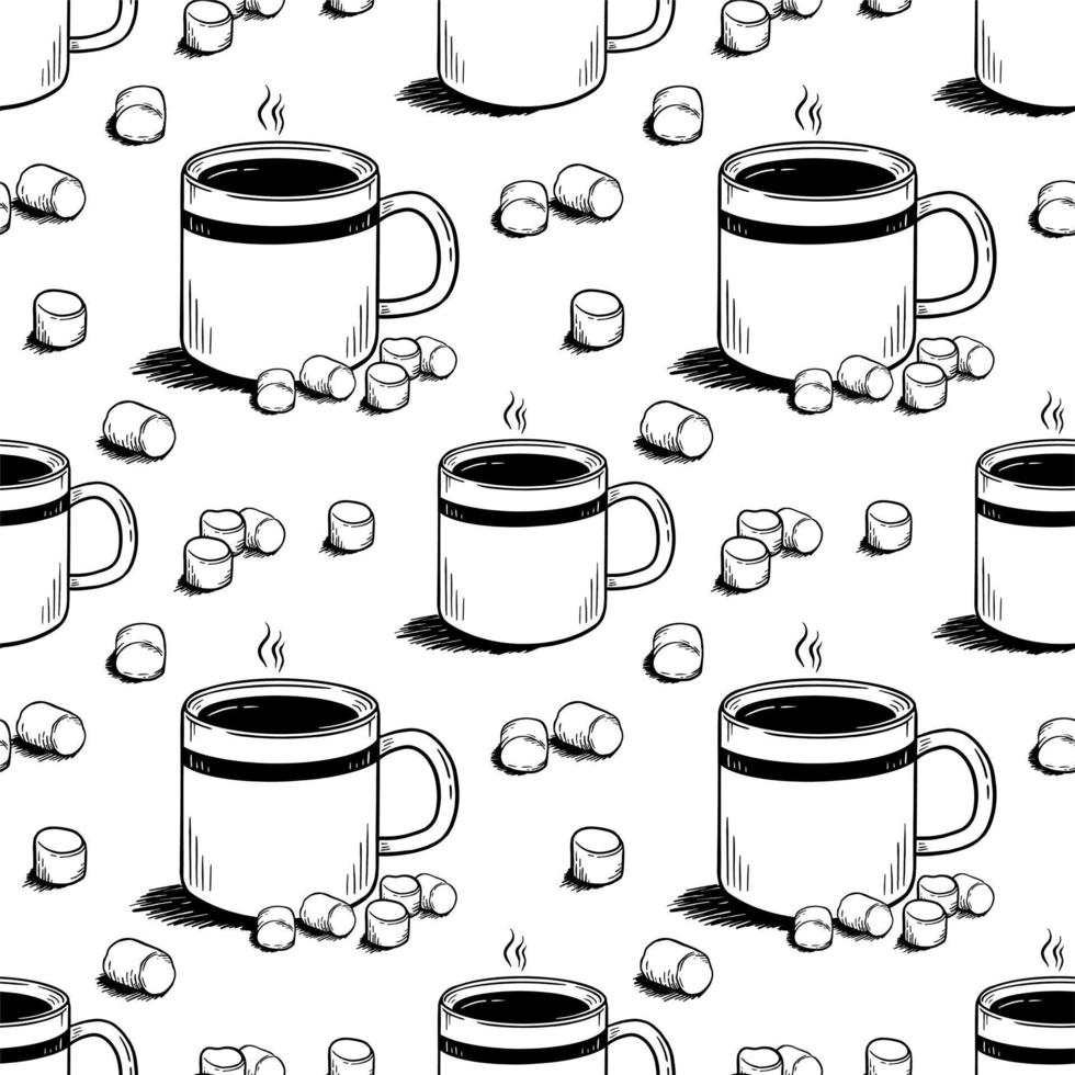 Pattern with coffee mugs and marshmallows in doodle style on a white background Vector illustration