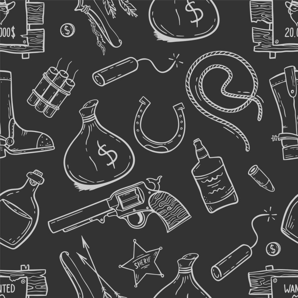 A pattern with elements of the wild West in the doodle style on a black background Vector illustration