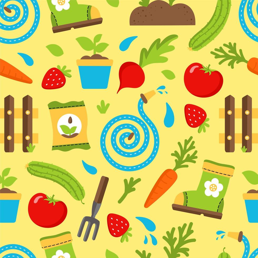 Pattern Garden Tools Equipment Gardening Agriculture Vector illustration isolated on yellow background