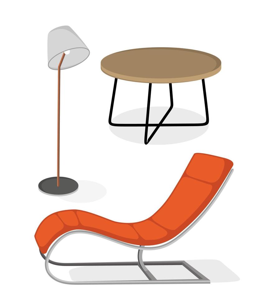 conjunto de muebles interiores modernos sillón, lámpara, ilustración de vector de mesa de café en estilo plano aislado