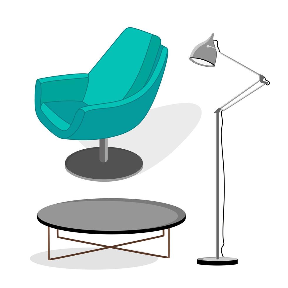 Modern interior furniture set armchair, lamp, coffee table Vector illustration in flat style isolated