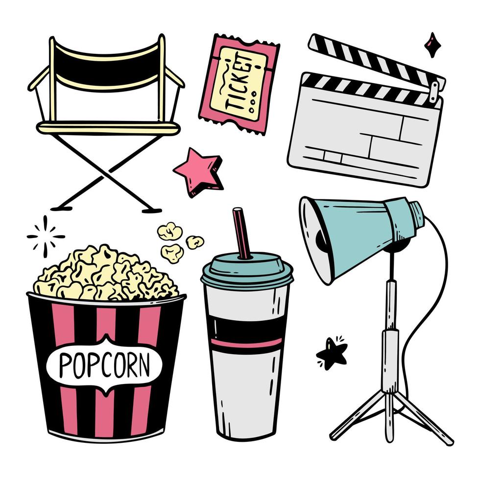 Movie theater set of elements doodle line for festivals and holidays Vector illustration in the style of doodle isolated on a white background