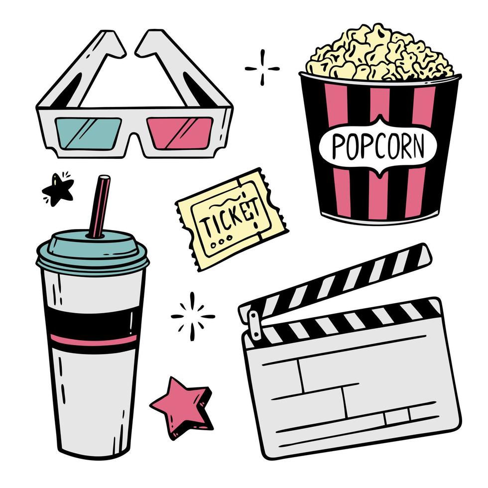 Movie theater set of elements hand-drawn line for festivals and holidays Vector illustration in the style of doodle isolated on a white background