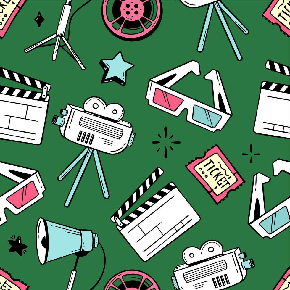 Doodle seamless pattern cinema flapping board film popcorn 3d glasses loudspeaker Vector illustration in doodle style isolated on green background