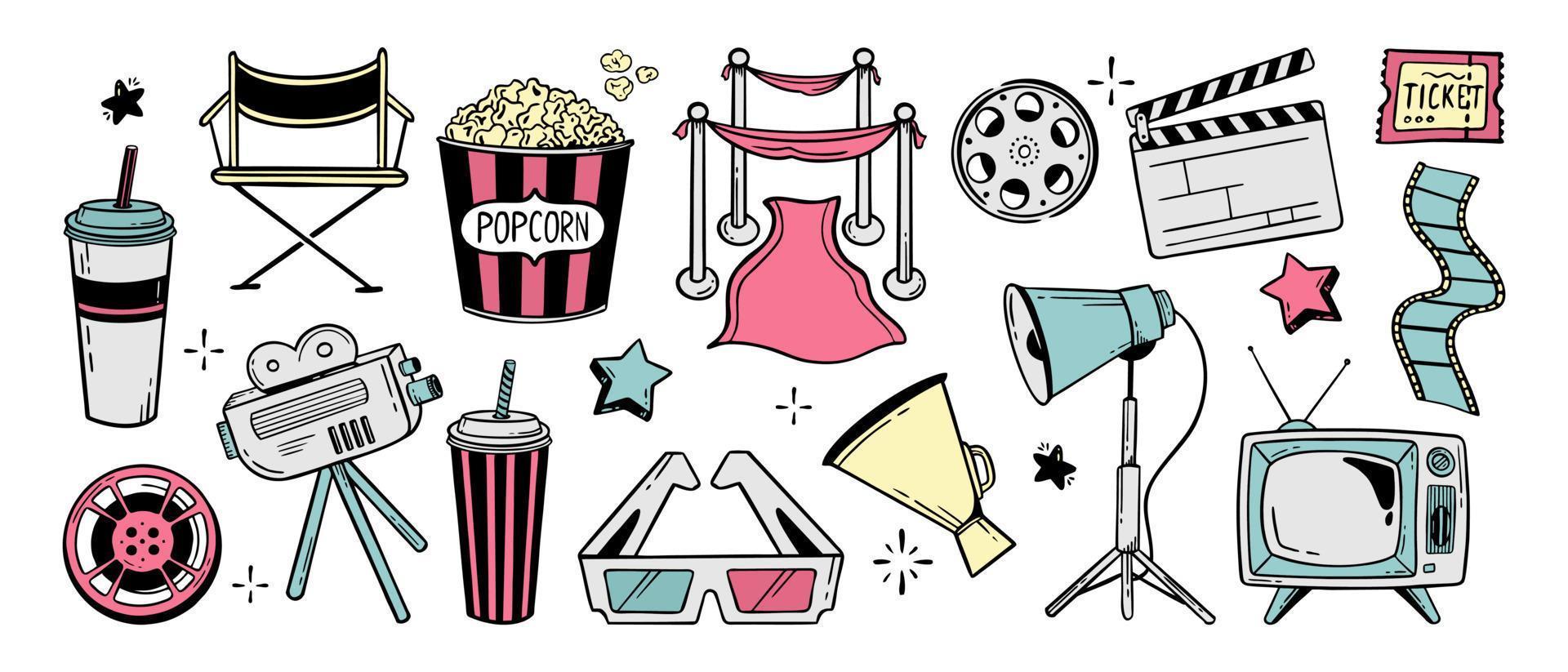 Movie theater set of elements doodle line for festivals and holidays Vector illustration in the style of doodle isolated on a white background