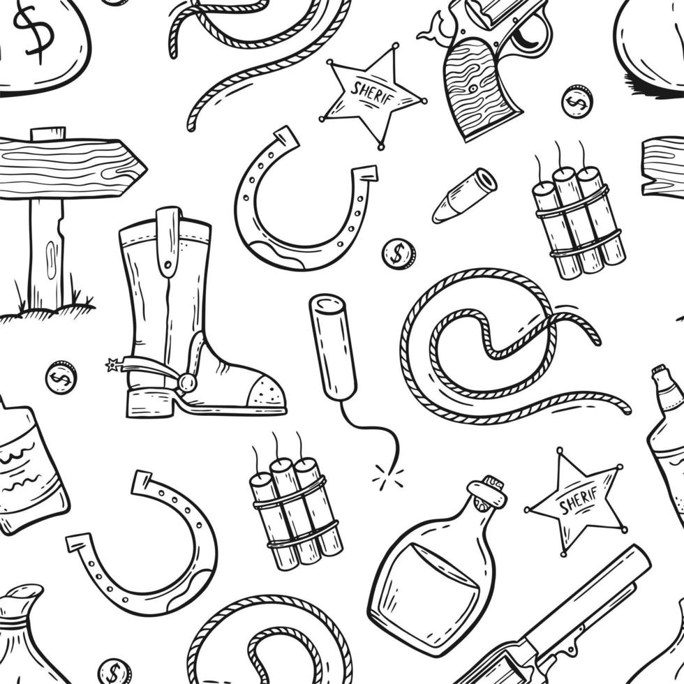 A pattern with elements of the wild West in the doodle style on a white background Vector illustration
