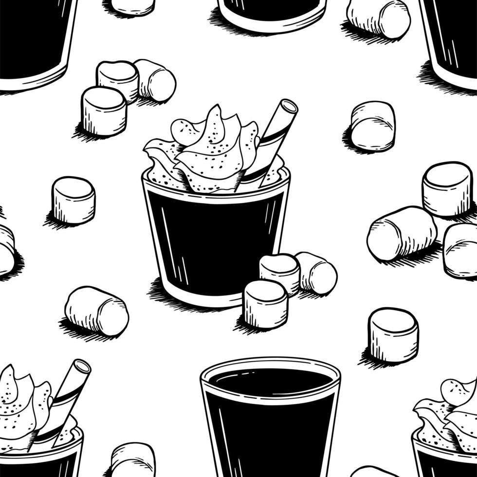patrón con tazas de café y malvaviscos en estilo garabato en una ilustración de vector de fondo blanco