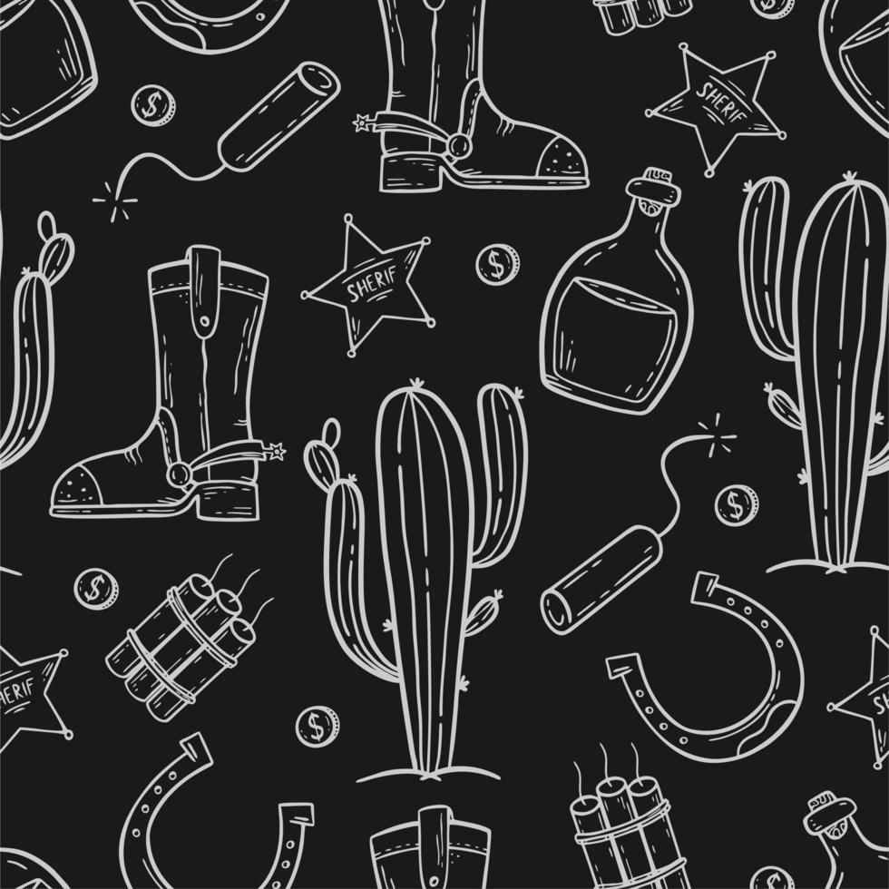 A pattern with elements of the wild West in the doodle style on a black background Vector illustration