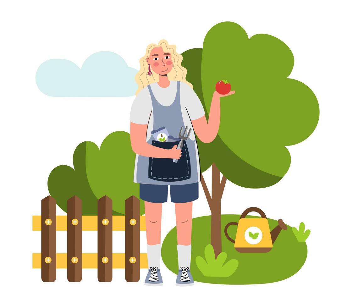 People enjoy gardening and planting plants A woman farmer gardener doing work and agricultural hobby Vector illustration isolated