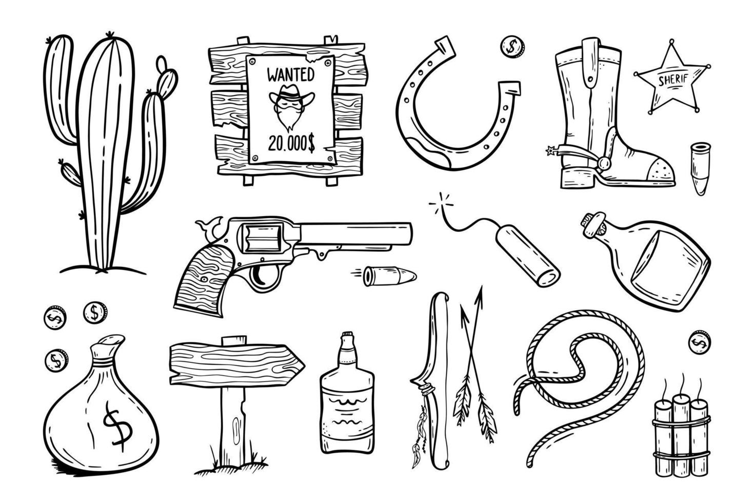 Wild West set Hand-drawn in doodle style Good for printing Symbol of Western Concept Isolated vector illustration