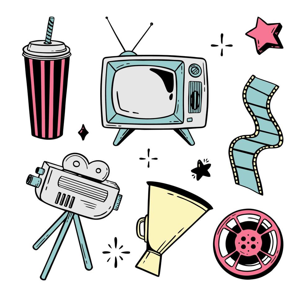 Movie theater set of elements doodle line for festivals and holidays Vector illustration in the style of doodle isolated on a white background