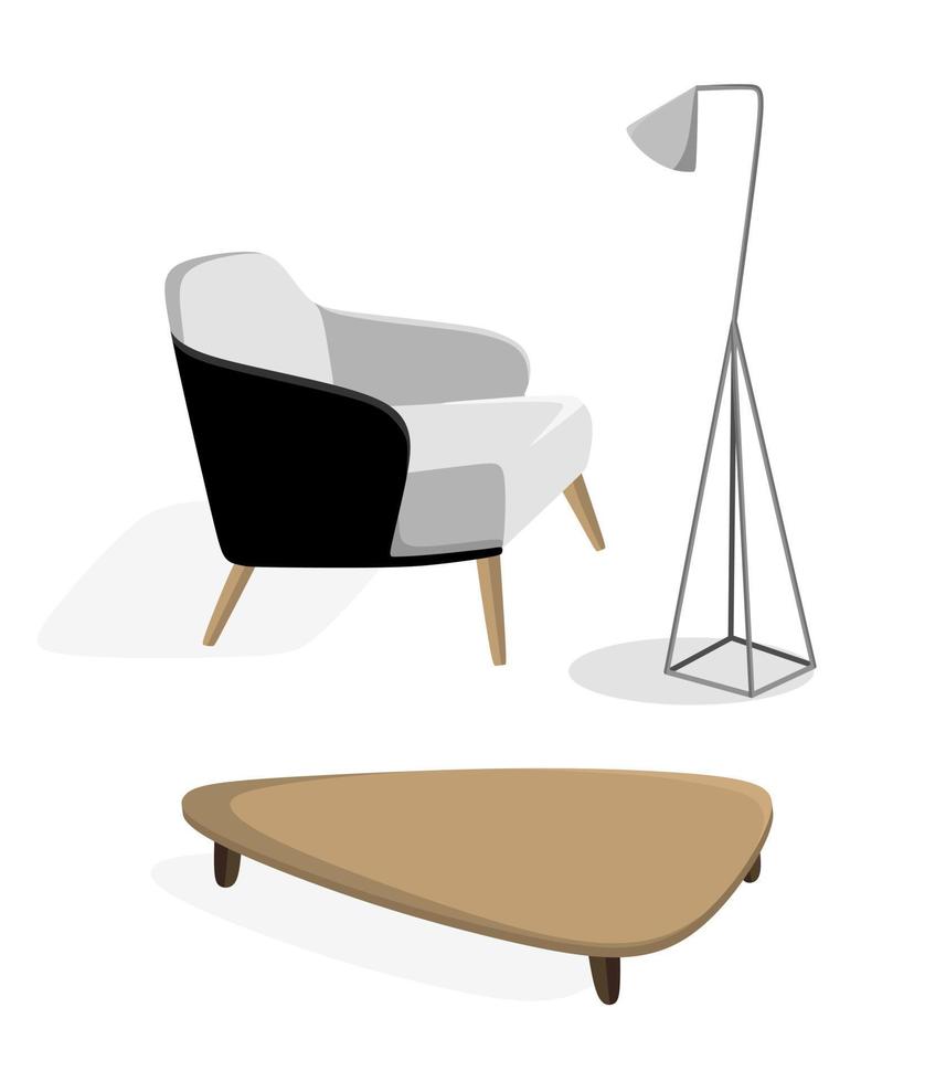 Modern interior furniture set armchair, lamp, coffee table Vector illustration in flat style isolated