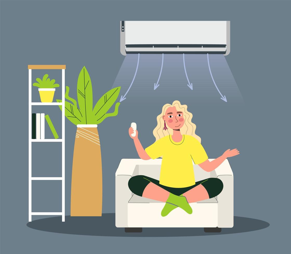 Girl under the air conditioner enjoys the coolness of heating ventilation and air conditioning Vector illustration