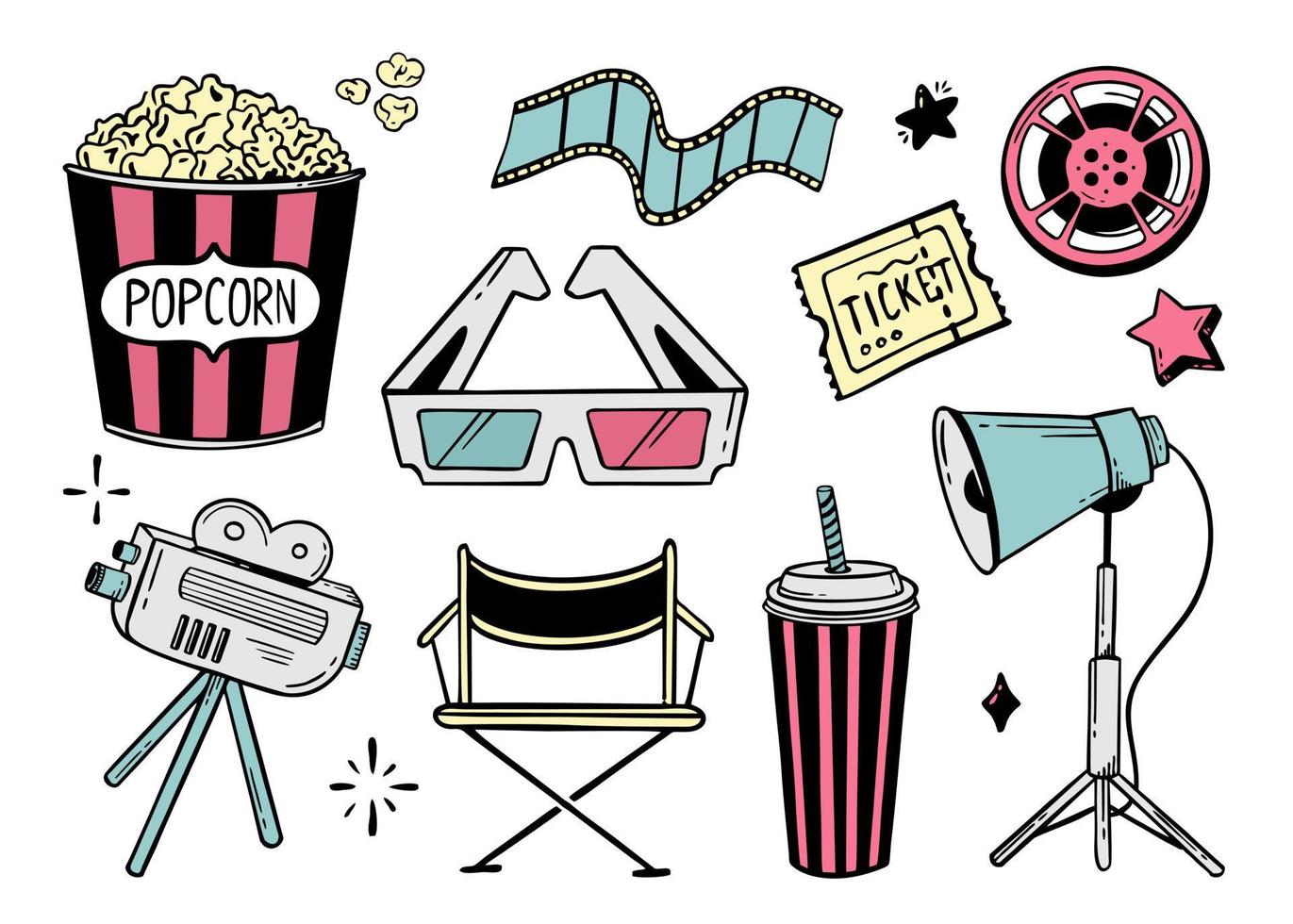 conjunto de elementos de cine línea de garabato para festivales y vacaciones ilustración vectorial en el estilo de garabato aislado en un fondo blanco vector