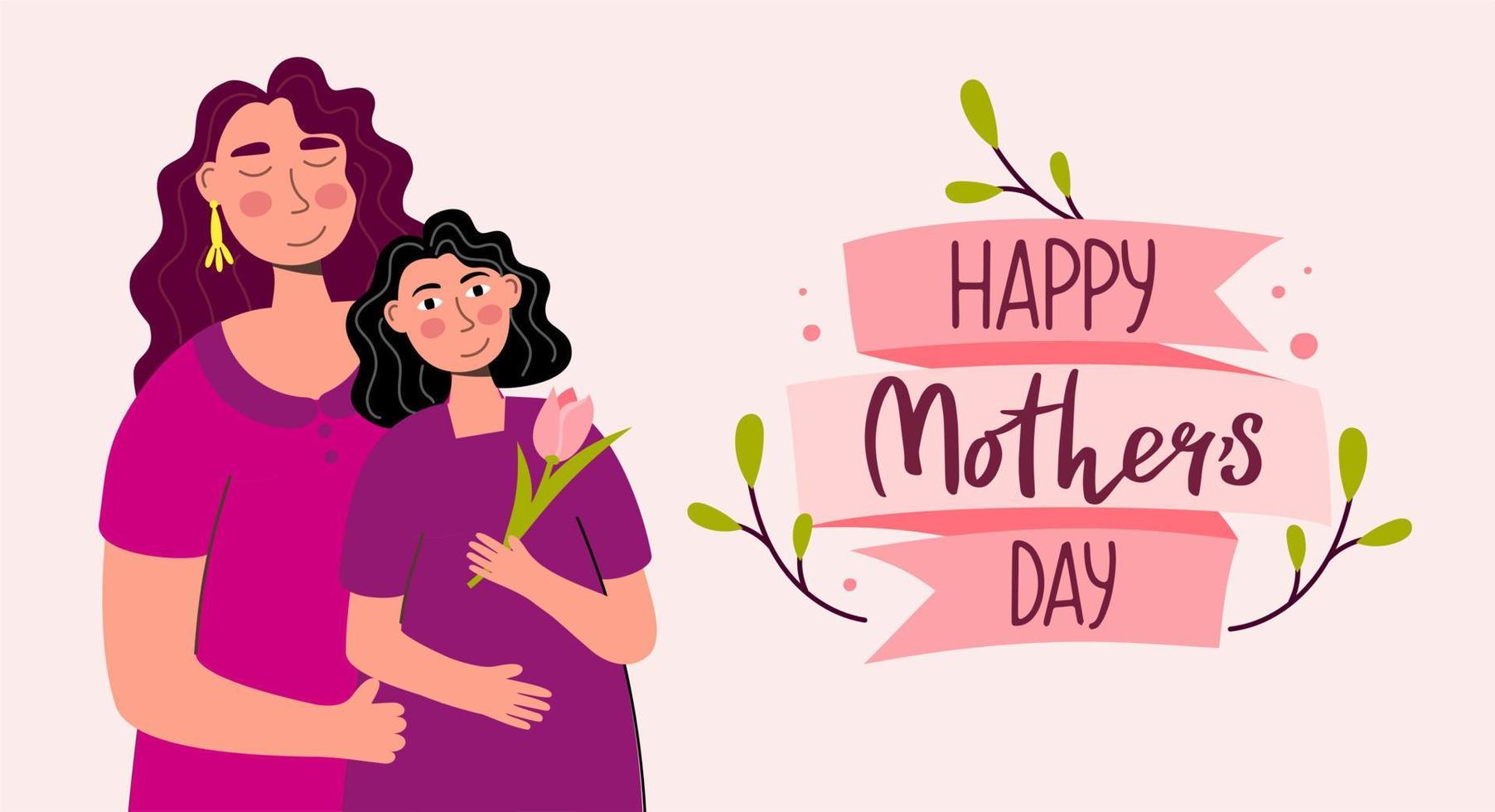 feliz día de la madre plantilla de banner de vacaciones con mamá e hija y letras ilustración vectorial vector