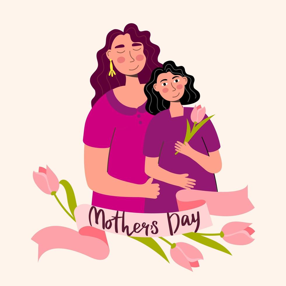 feliz día de la madre plantilla de banner de vacaciones con mamá e hija y letras ilustración vectorial vector