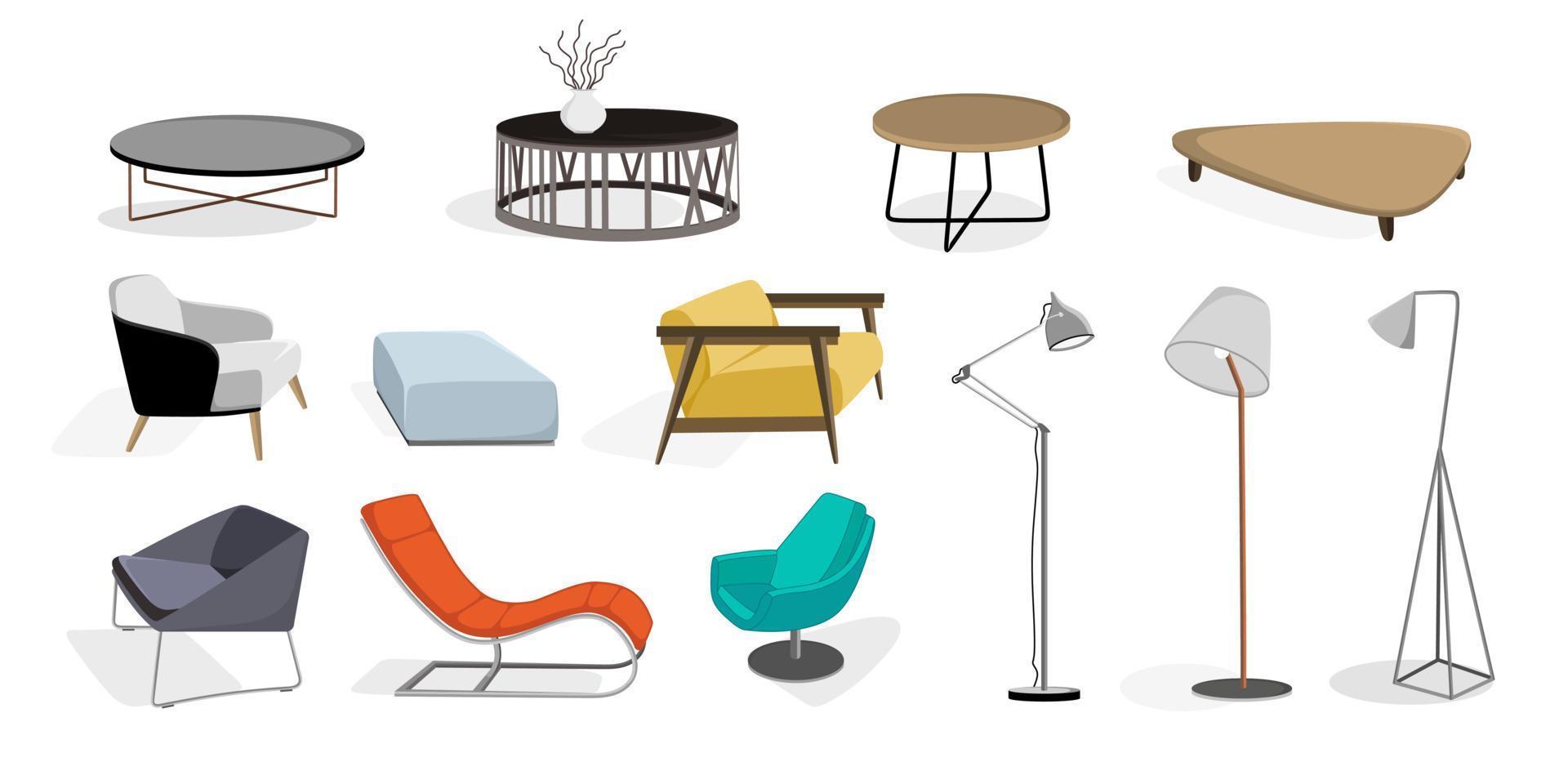 conjunto de muebles interiores modernos sillón, lámpara, sofá mesa de café ilustración vectorial en estilo plano aislado vector