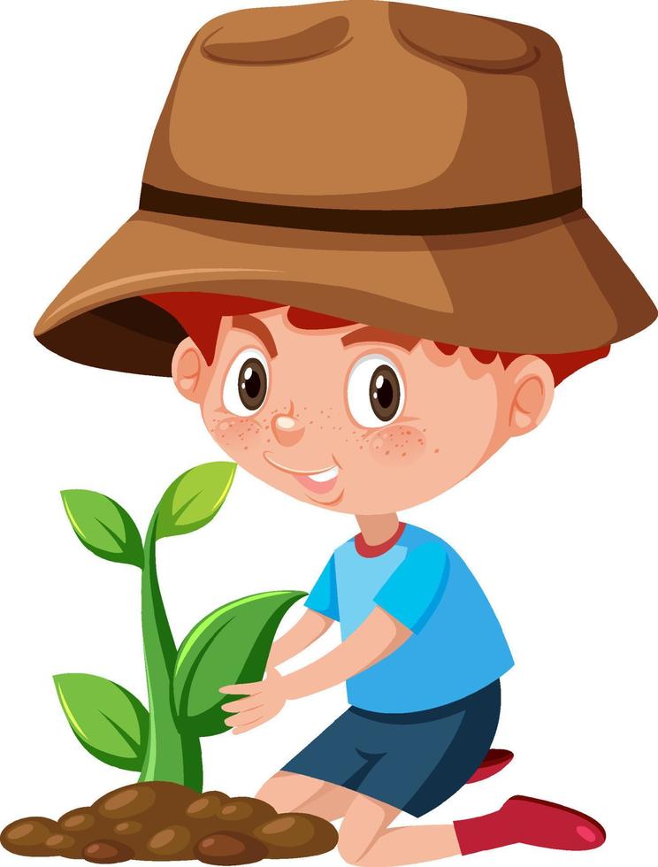 un niño plantando un árbol sobre fondo blanco vector