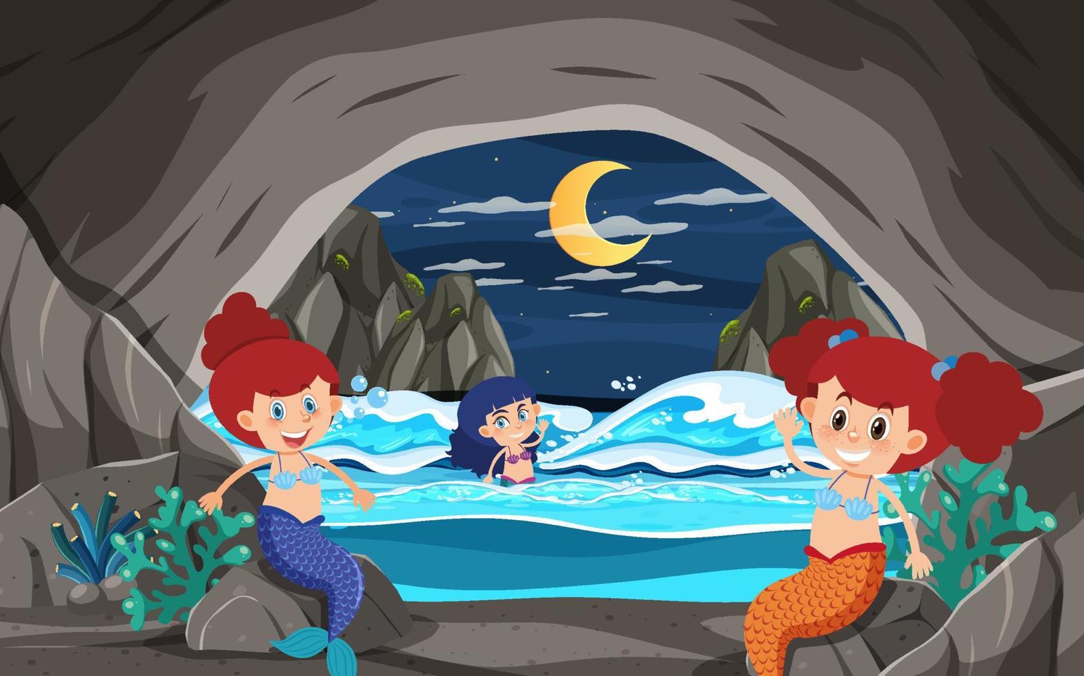 Mermaid family in the cave scene vector