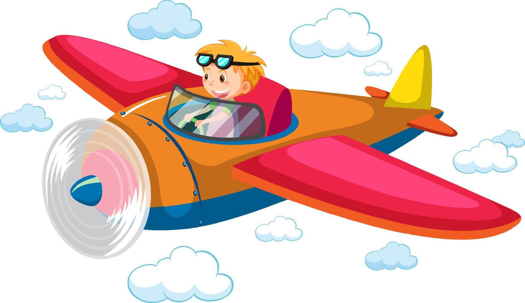 Boy flying airplane on the sky vector