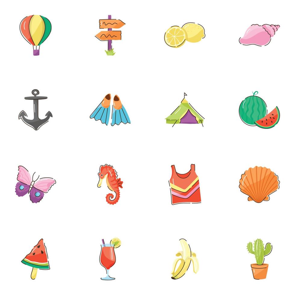 paquete de vacaciones de verano doodle iconos planos vector