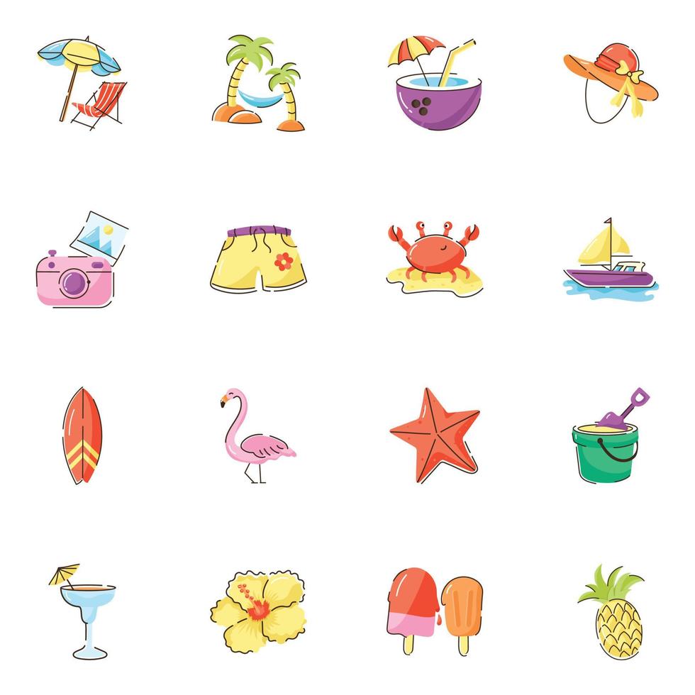 Set of Beach Doodle Flat Icons vector