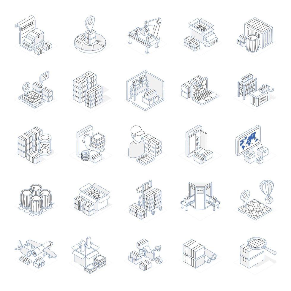 Isometric Outline Icons of Cargo Services vector