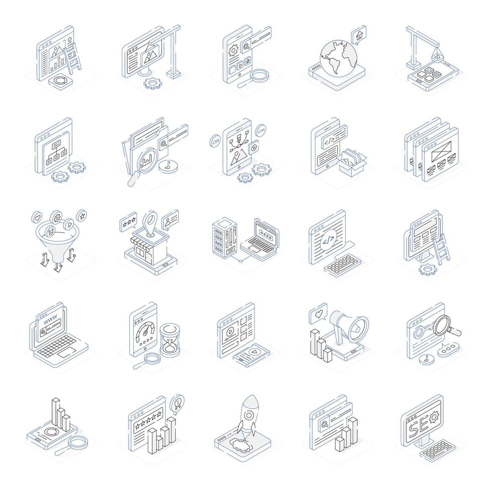 Set of SEO and Development Outline Isometric Icons vector